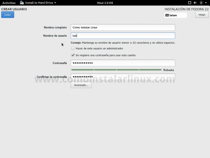 como instalar fedora 22 crear usuario y contraseña install fedora