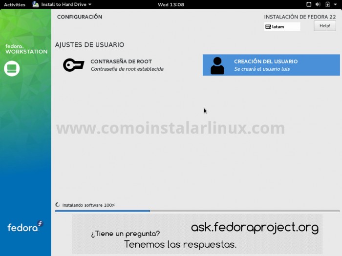 como instalar fedora 22 todo configurado ahora solo esperar que finalice la instalacion